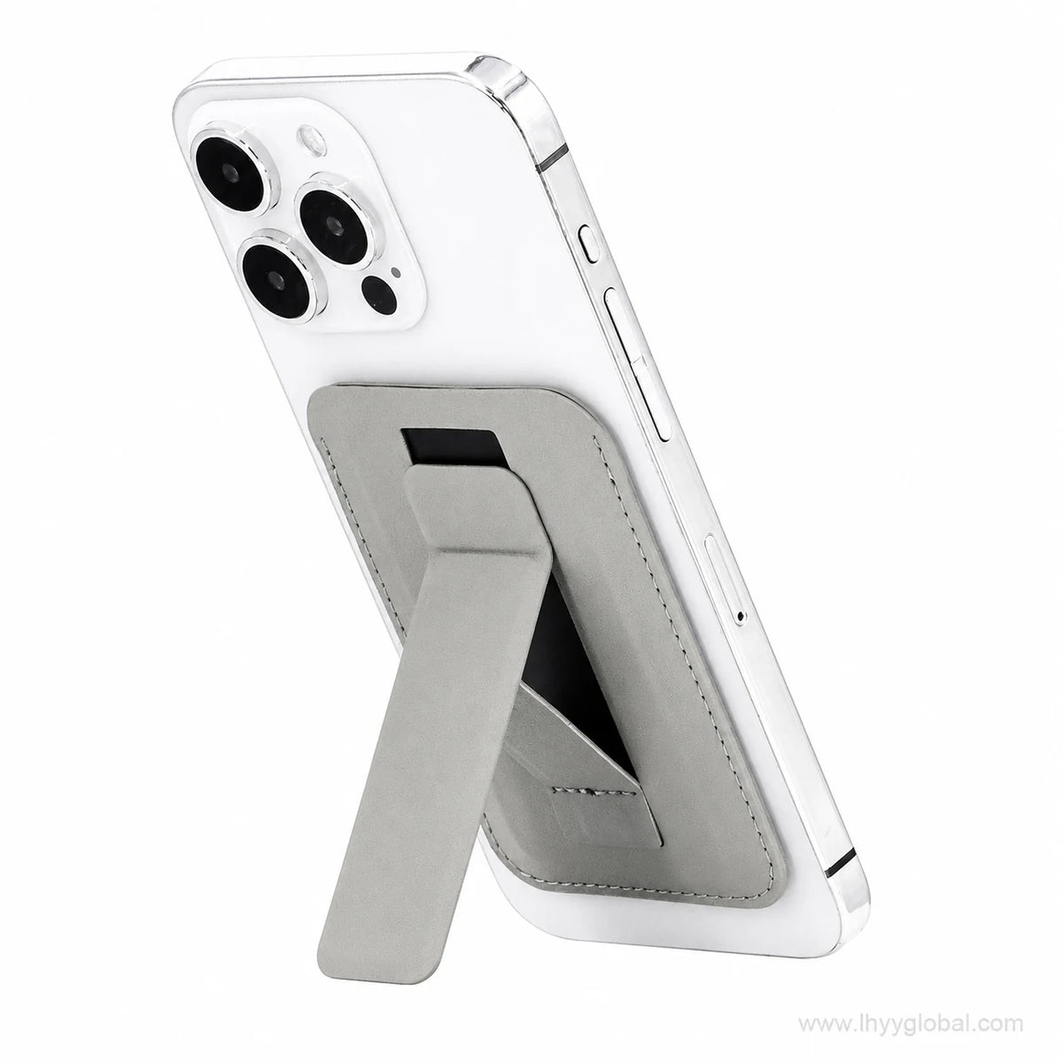 Gray magnetic phone wallet card holder with fold-out stand supporting a smartphone in portrait orientation