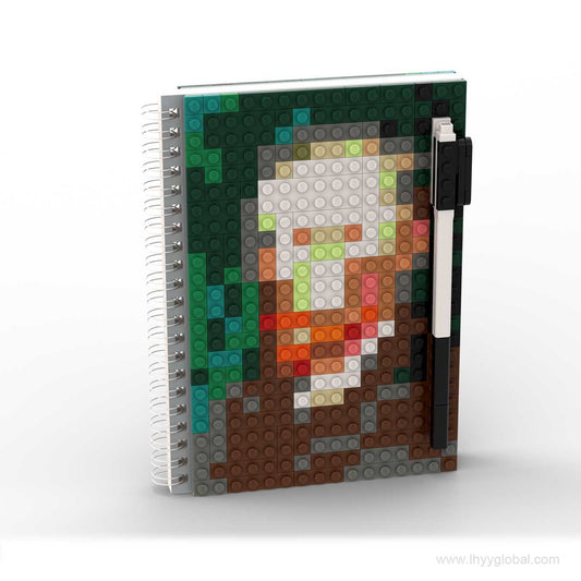 Five Van Gogh-inspired pixel art spiral notebook designs with ABS building-block covers