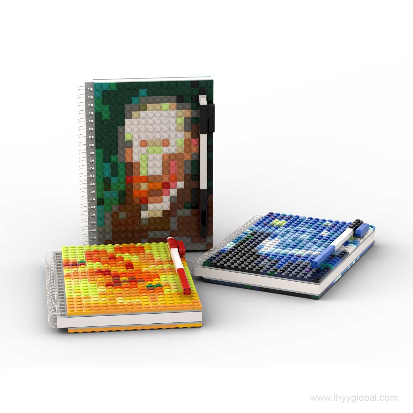 Flat lay lifestyle shot of three Van Gogh pixel art notebooks showcasing the spiral binding and integrated pen holder.