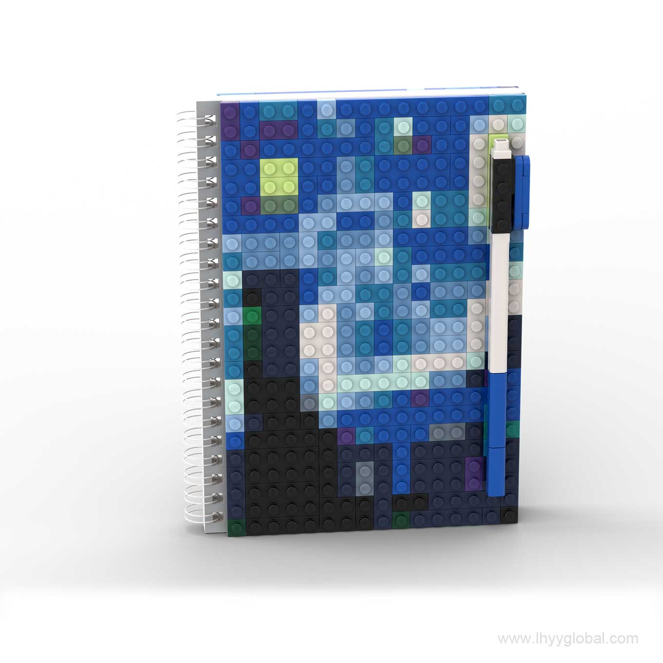Van Gogh The Starry Night pixel art notebook cover on a custom spiral-bound journal with a color-matched pen.