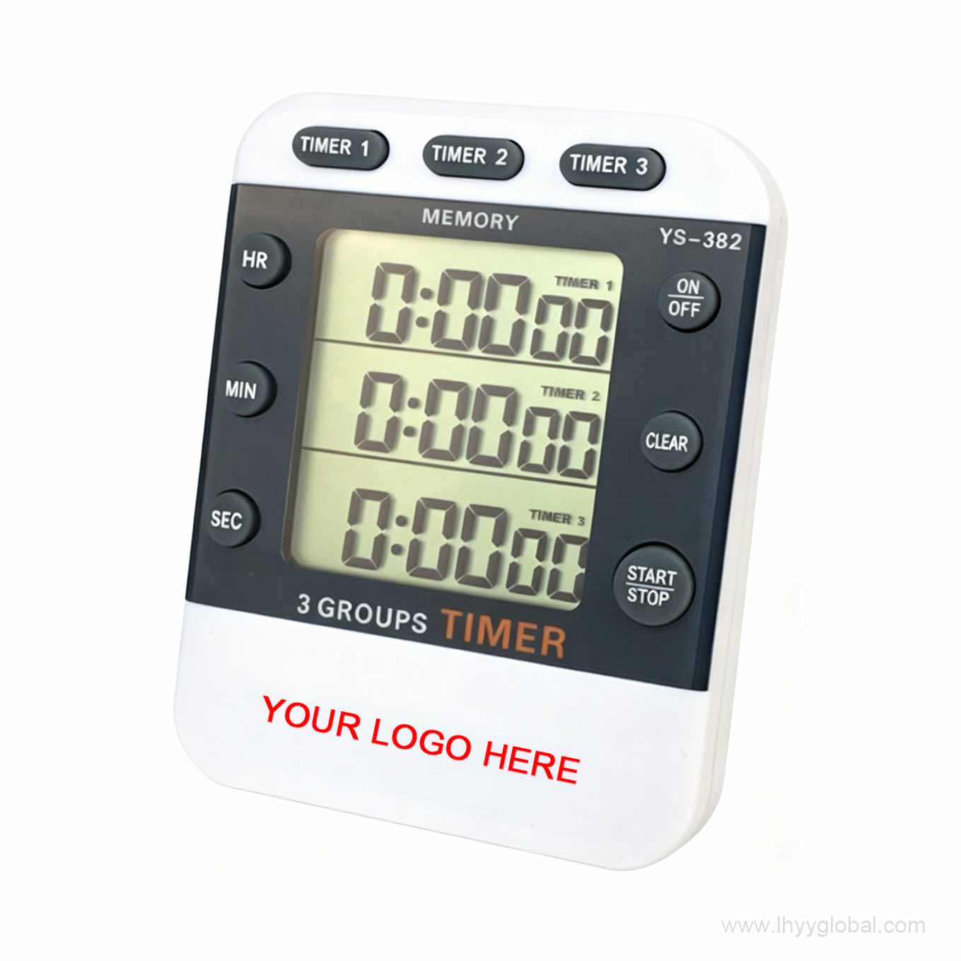 Angled perspective of the YS-382 3-channel lab timer, highlighting its sleek ergonomic white and black design for life science laboratories.