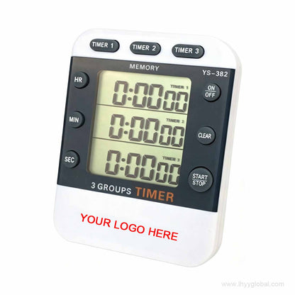 Angled perspective of the YS-382 3-channel lab timer, highlighting its sleek ergonomic white and black design for life science laboratories.
