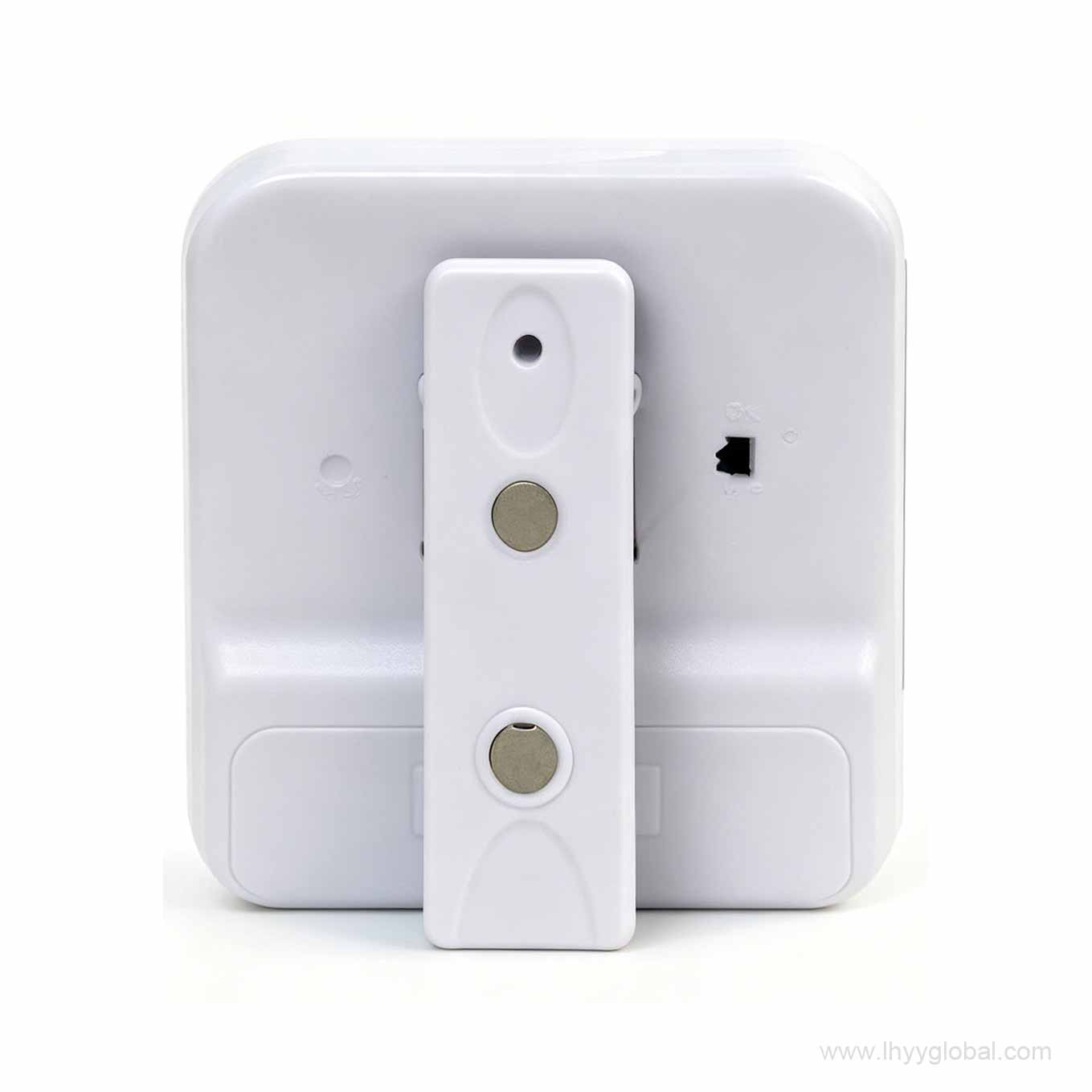 Back view of the YS-382 lab timer revealing a magnetic mounting system and a foldable stand, suitable for lab refrigerators and testing benches.