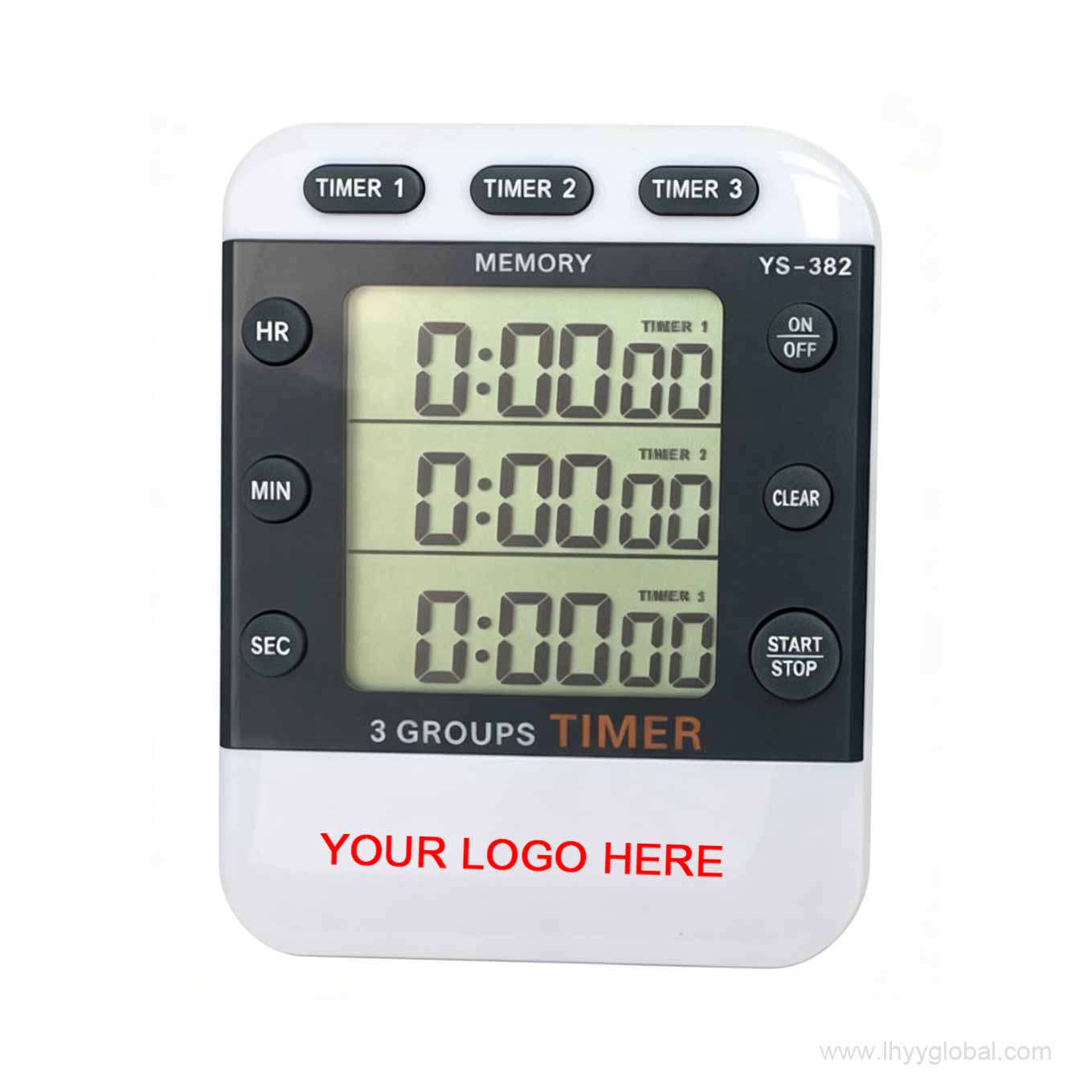 Front view of the YS-382 3-channel digital lab timer with a wide-screen display and dedicated buttons for independent timing control.