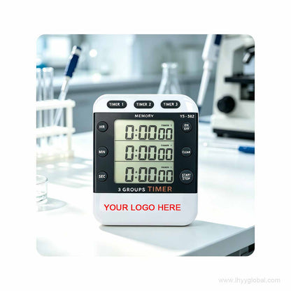 YS-382 3-channel timer displayed in a real-life laboratory environment, showcasing its practical application in biotech research and clinical settings.