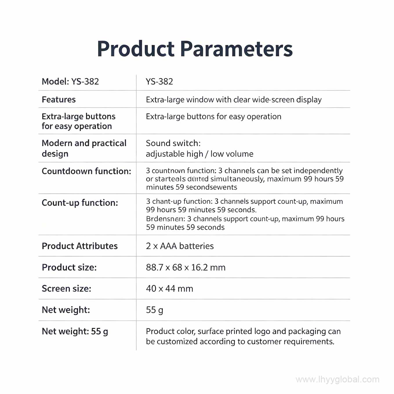 Detailed product parameter sheet for the YS-382 timer, specifying dimensions, battery requirements, and customizable logo printing options.