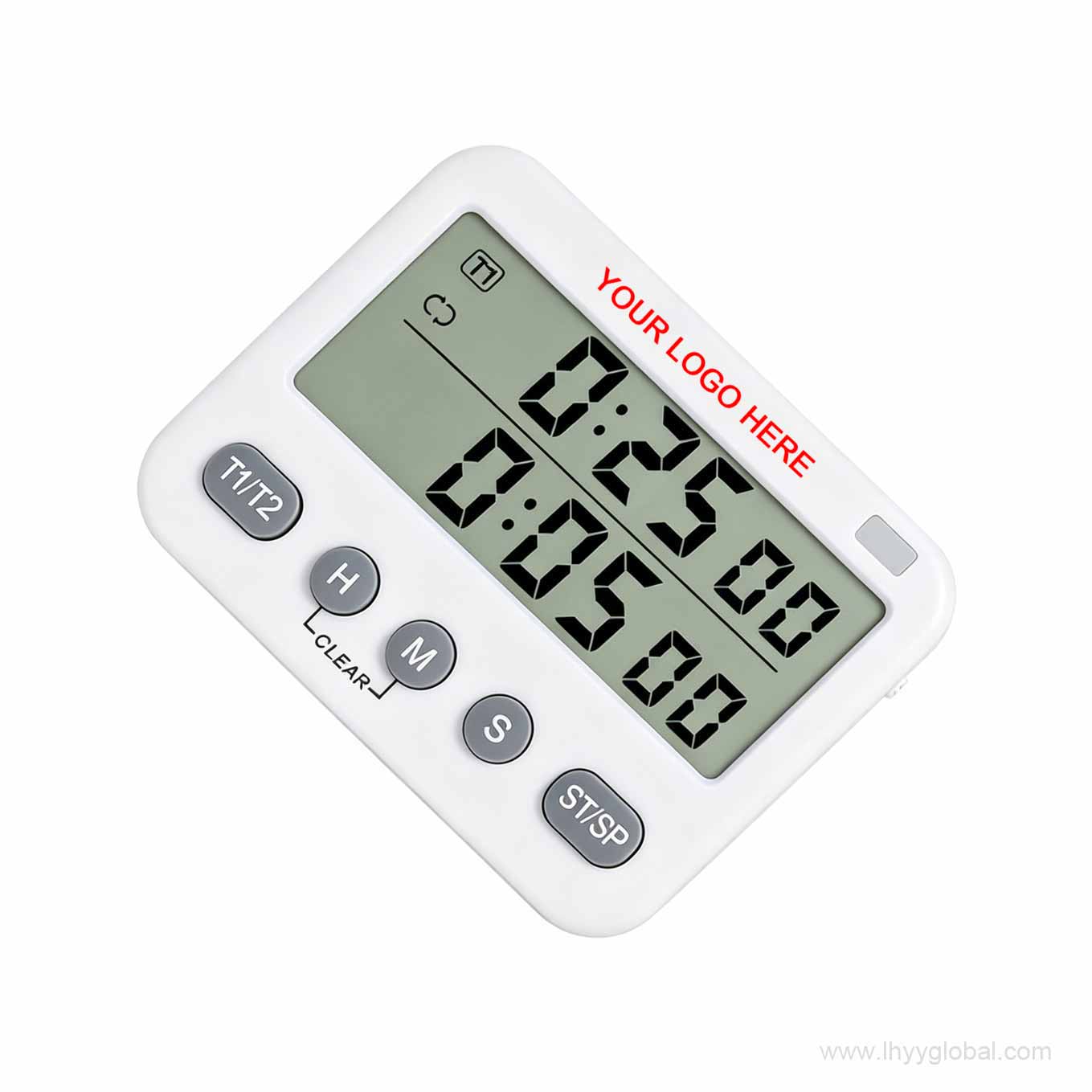 Angled perspective of the YS-391 dual-channel timer, highlighting the distinct buttons for Hours, Minutes, Seconds, and Start/Stop functions.