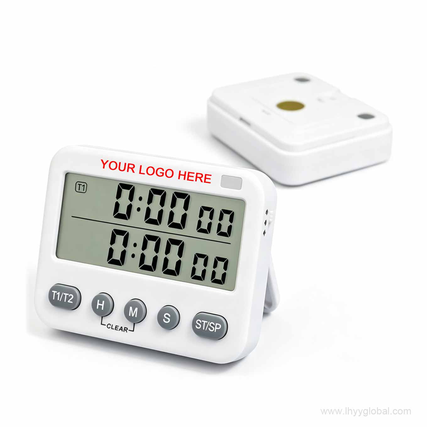 Close-up of the YS-391 timer's wide LCD screen showing dual group timing, with both channels ready for independent countdown or count-up tasks.