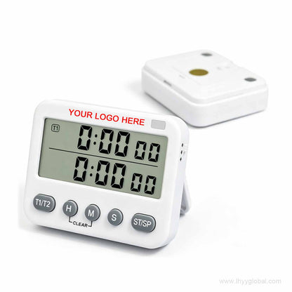 Close-up of the YS-391 timer's wide LCD screen showing dual group timing, with both channels ready for independent countdown or count-up tasks.