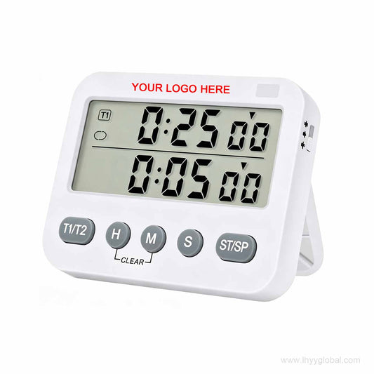 Front view of the YS-391 2-channel digital lab timer featuring a large split-screen display with T1/T2 mode switching and simple button controls.