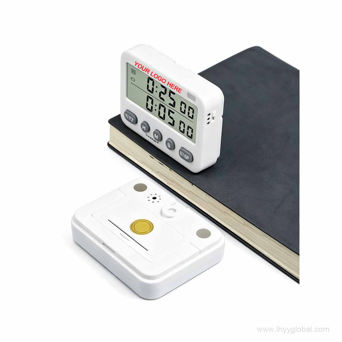 The YS-391 2-channel lab timer standing on a notebook, demonstrating its portable and compact design, perfect for biotech lab environments.